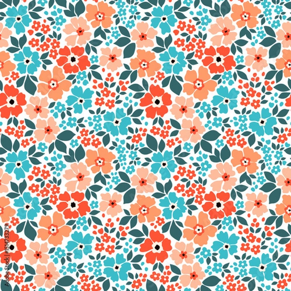 Obraz Seamless floral pattern, liberty ditsy print with cute summer meadow flowers. Pretty botanical design for textile, paper. Small hand drawn flowers, tiny leaves on a white background. Stock vector