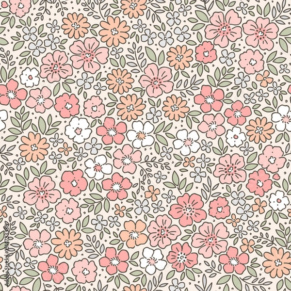 Obraz Cute floral pattern. Pretty flowers on ivory background. Printing with small coral pastel flowers. Ditsy print. Seamless vector texture. Spring bouquet. Vintage template for fashion prints. Stock