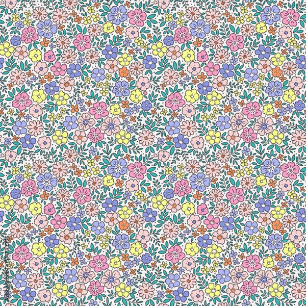 Obraz Liberty seamless floral pattern. Ditsy style background of small pastel flowers. Small blooming daisy flowers scattered over a white background. Stock vector for printing on surfaces and web design.