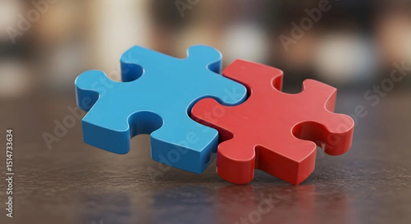Obraz Blue and Red Puzzle Pieces Connected on a Wooden Surface