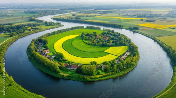 Obraz Sharp river bend on Main River aerial view with rapeseed fields, flowering meadows, mixed farms, vibrant green and yellow landscape, clear midday light, high-detail drone image