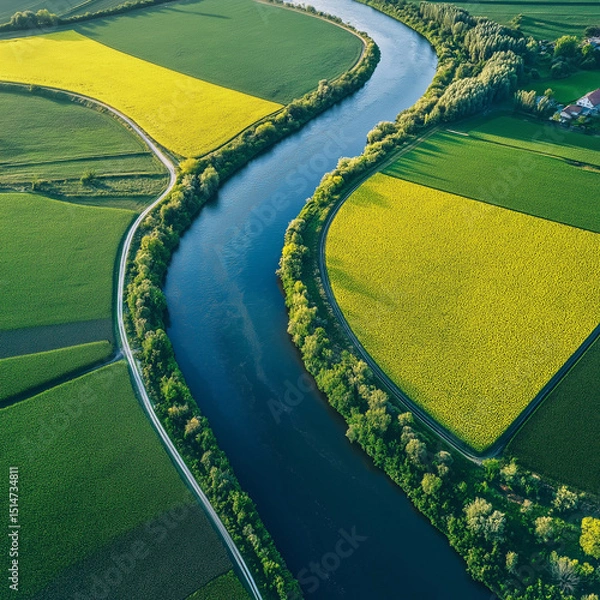 Obraz Drone aerial of Main River winding through lush summer fields with rapeseed patterns and farms, bright midday sun, fresh vibrant colors, detailed high-resolution nature photo