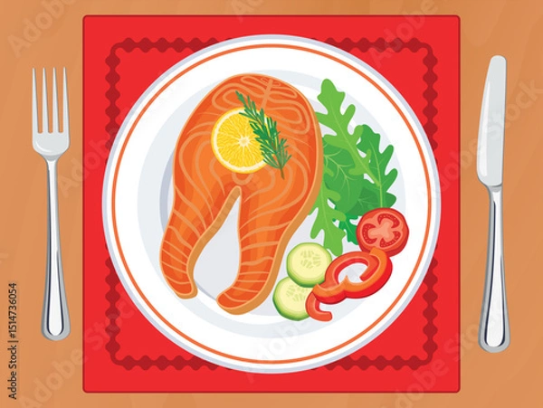 Fototapeta Grilled fish steak and salad on a plate top view vector illustration. Baked salmon fillet with lemon on a wooden table above view vector. Fish steak and vegetable on the table drawing