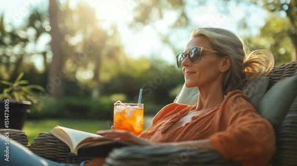 Fototapeta A woman enjoys a tranquil afternoon in her backyard, reclining on a lounge chair. She sips a colorful drink while reading a book, bathed in warm sunlight