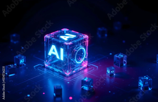 Obraz AI - themed Glowing Cube with Futuristic Design
