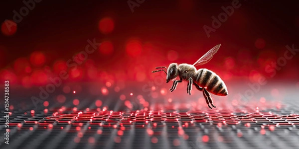 Fototapeta Nanobot concept with bee hovering over hexagonal grid symbolizing immune system support in futuristic environment