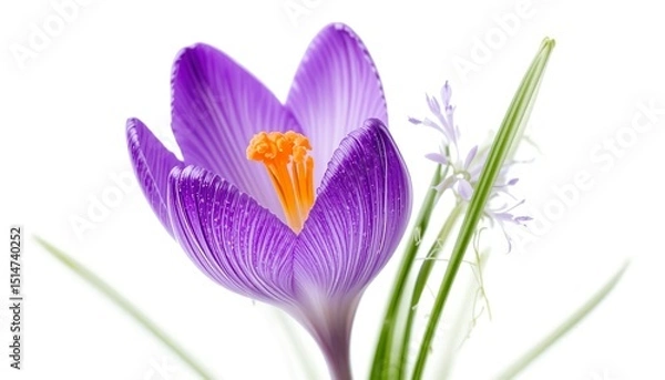 Obraz A violet crocus flower emerging from a short stem isolated on white