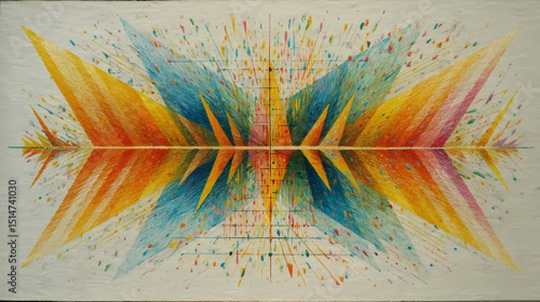 Obraz editorial spread on color psychology | cosmic rhythm | spiritual revelation | subdued pastels | central disruption | cosmic triangles | oscillating chroma shifts | gesture-based brushwork | inner