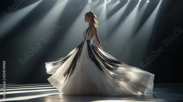 Fototapeta A woman gracefully spins in a long dress featuring black and white patterns. The dramatic lighting enhances her movement, creating a captivating atmosphere during a fashion event