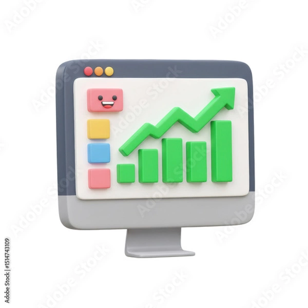 Fototapeta 3D computer monitor with colorful bar graph, upward trend arrow and UI icons for business analytics or performance review isolated on a transparent background, png, cutout