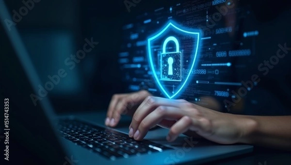 Fototapeta Close-up of hands typing on a laptop with a glowing shield and lock icon, symbolizing online security, privacy, and data protection in digital environments