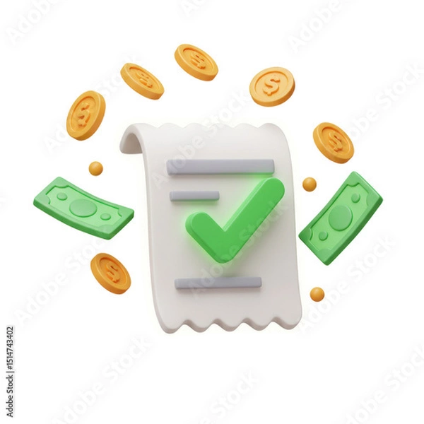 Fototapeta 3D payment receipt with green cash bills, gold coins, and a green check mark indicating completed transaction isolated on a transparent background, png, cutout