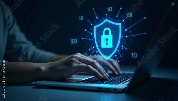 Fototapeta Cybersecurity concept with a person typing on a laptop and a glowing lock shield icon, representing digital protection, secure browsing, and privacy online