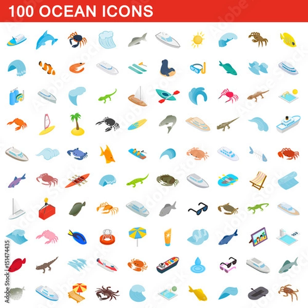 Obraz 100 ocean icons set, isometric 3d style
