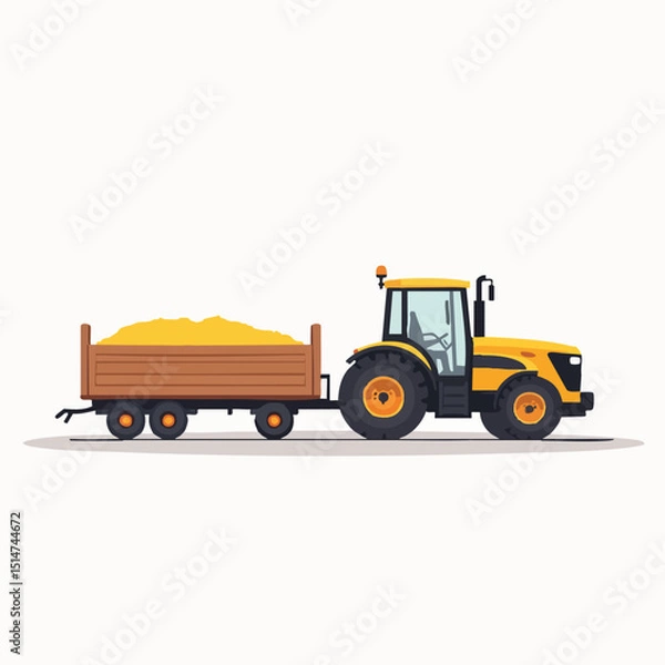 Fototapeta Minimalist Flat Vector Yellow Tractor with Harvest Cart