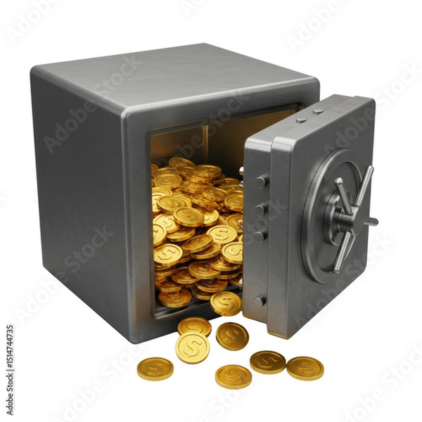Fototapeta 3D metal safe box opened with shiny gold coins and money scattered, symbol of wealth and savings isolated on a transparent background, png, cutout