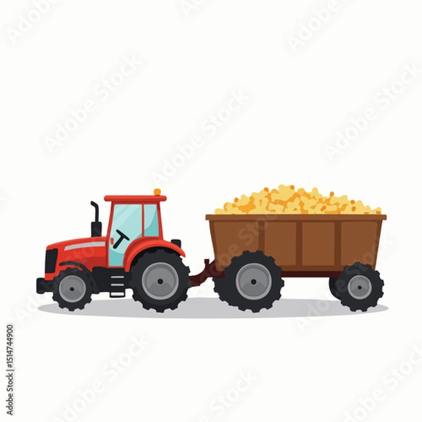 Fototapeta Minimalist Flat Vector Tractor Pulling Full Crop Trailer