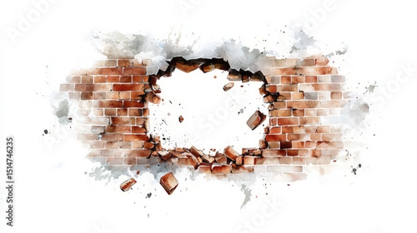 Obraz Massive hole in a brick wall with debris and small pieces of rubble falling, clean white background