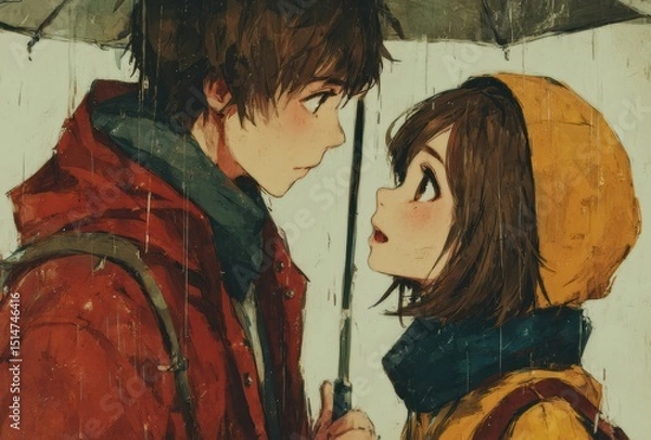 Fototapeta Young couple sharing an umbrella during rain in vibrant urban setting, with expressive emotions, cute clothing, and an intimate connection captured in art