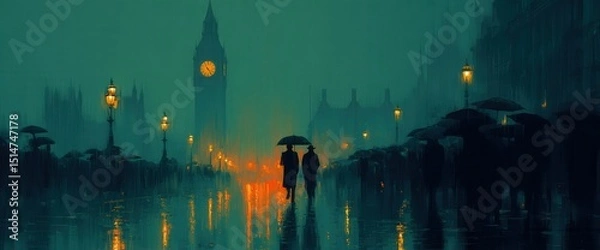 Fototapeta Mysterious Rainy Evening in London with Iconic Clock Tower Silhouettes and Soft Glowing Street Lights on a Foggy Urban Street, Evoking a Sense of Tranquility