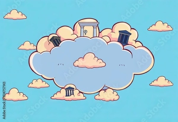 Fototapeta Isolated cartoon clouds with Greek symbols on a blue background,   simple,  mythology