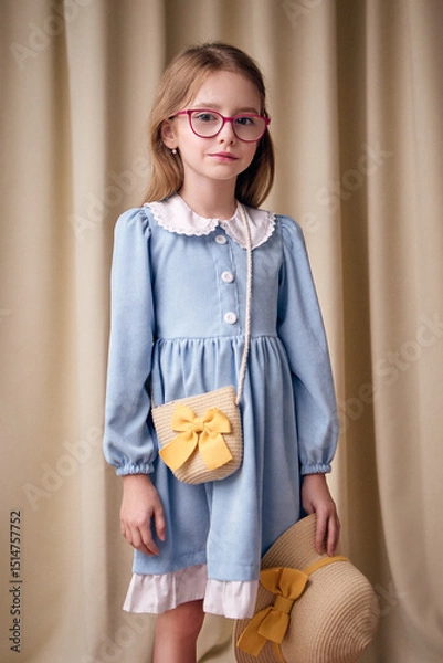 Fototapeta A young girl with long blonde hair stands on fabric background wearing a velvet blue dress with a white collar. A seven year old child wears glasses with pink frames. She gazes thoughtfully forward