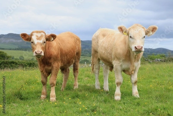 Fototapeta Cattle: two Charolais breed bullock standing in field on farmland in rural Ireland in summertime 