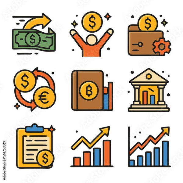 Fototapeta Colorful Finance Icons Set: Money, Banking, and Growth Charts