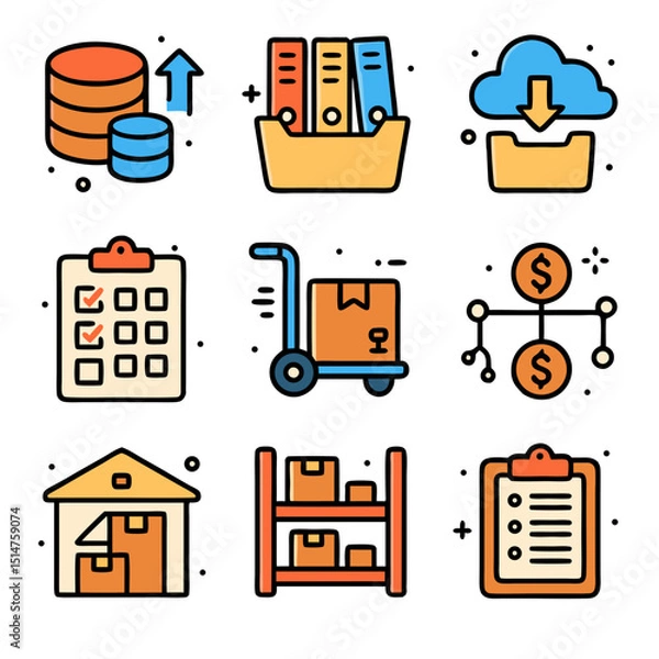 Fototapeta Colorful Flat Icons Depicting Warehouse, Logistics, and Supply Chain Management Processes