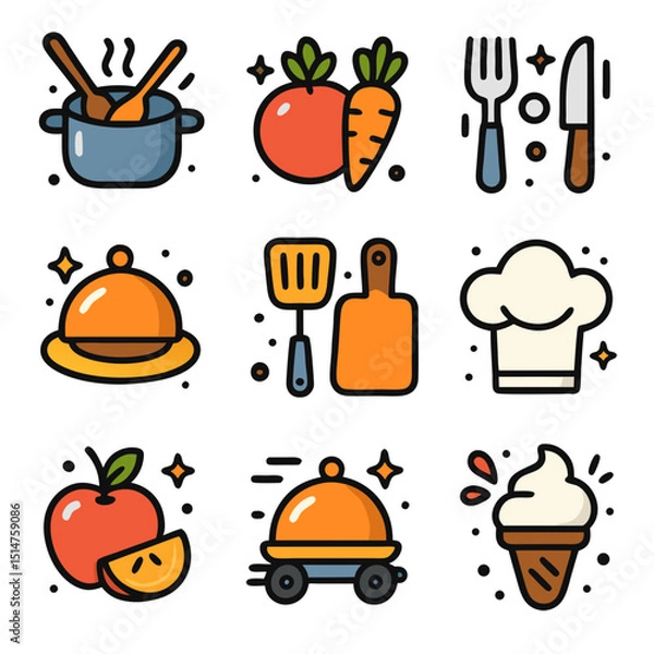 Fototapeta Colorful Flat Design Food Icons: Vegetables, Fruits, Utensils and Chef Hat