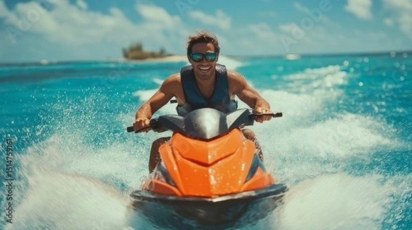 Fototapeta A man is joyfully riding a jet ski through vibrant, turquoise waters under a bright blue sky. The sun shines down as he navigates the waves, showcasing his excitement and adventure