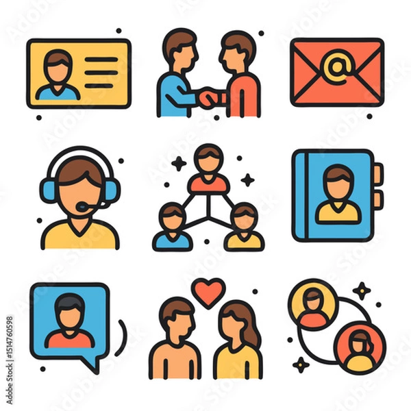 Fototapeta Colorful Communication Icons Set: Networking, Contact, and Social Media Illustrations