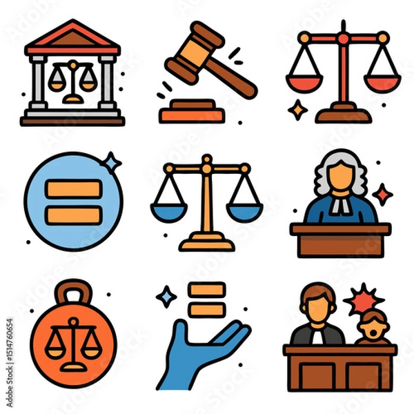 Fototapeta Colorful Law and Justice Icons Set: Gavel, Scales, Courthouse, Judge