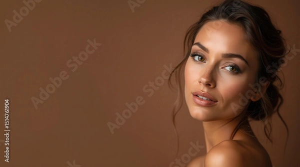 Fototapeta Elegant woman with mocha mousse background, symbolizing warmth and sophistication