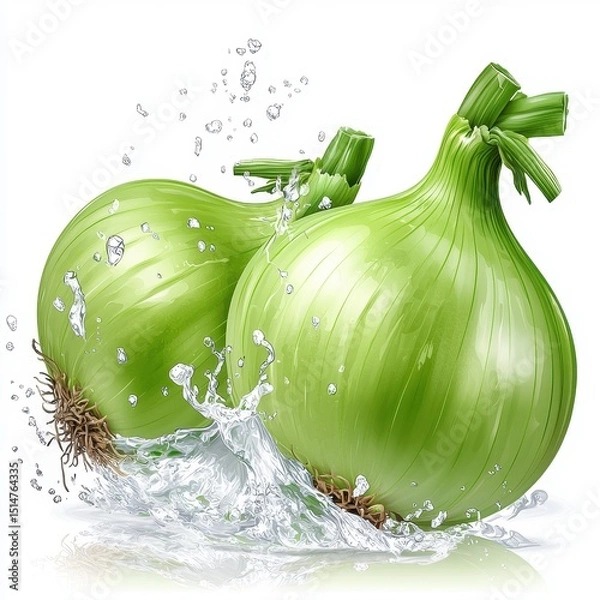 Fototapeta Two Fresh Green Onions in Water Splash on White Background