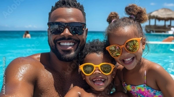 Fototapeta Enjoying summer vibes at the pool together. Happy family relaxing by the clear blue pool..