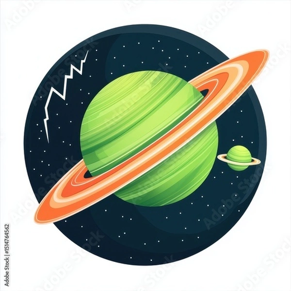 Fototapeta Vibrant Green Planet with Orange Rings in Pixel Art Style