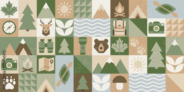 Fototapeta Geometric seamless pattern with camping and nature icons like mountains, trees, tents, and animals. Vector illustration