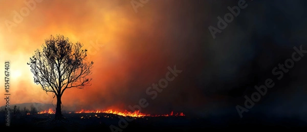 Obraz Fiery Landscape With Silhouetted Tree