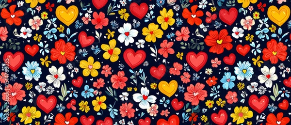 Obraz Pixelated Floral Pattern with Hearts