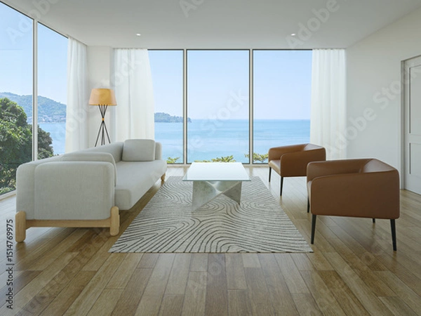 Fototapeta Sofa on wooden floor of living room in modern house. Minimal home interior 3d rendering with sea view.