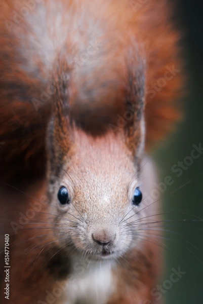Obraz Red squirrel (Sciurus vulgaris) sitting on branch, eating, bushy tail, alert eyes, detailed fur, natural habitat, close-up, wild nature, soft light, blurred background, peaceful woodland scene.