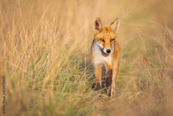 Obraz Red fox (Vulpes vulpes) standing alert in tall golden grass, intense gaze, soft sunlight, natural habitat, detailed fur, wild nature, peaceful wildlife scene, blurred background.