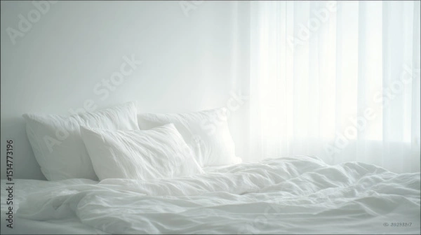 Fototapeta beautiful bed after sleep featuring rumpled sheets and soft light