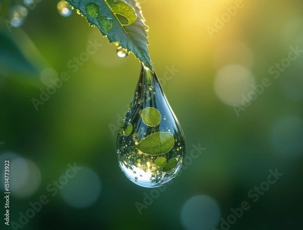 Fototapeta A fresh green leaf with sparkling water droplets.