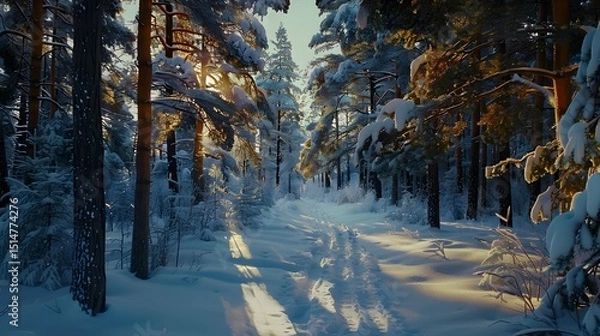 Fototapeta Winter Wonderland Pathway: A tranquil winter landscape unfolds, showcasing a snow-covered pathway winding through a serene forest of snow-laden trees under a radiant sky, Generative Ai.