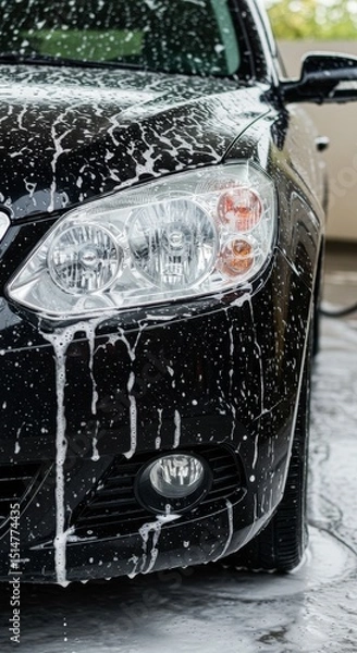 Obraz Detailed Car Wash With Soap Bubbles On Headlight Automotive Cleaning