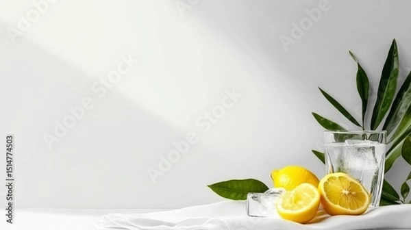 Fototapeta A crystal glass with refreshing lemon water and ice.