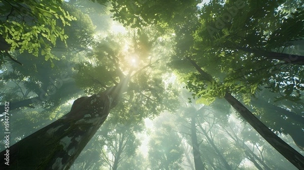Fototapeta Sunlit Canopy: An ethereal perspective from below, gazing up through a vibrant canopy of trees. the sun's rays stream through the leaves, illuminating the lush greenery and creating a serene.