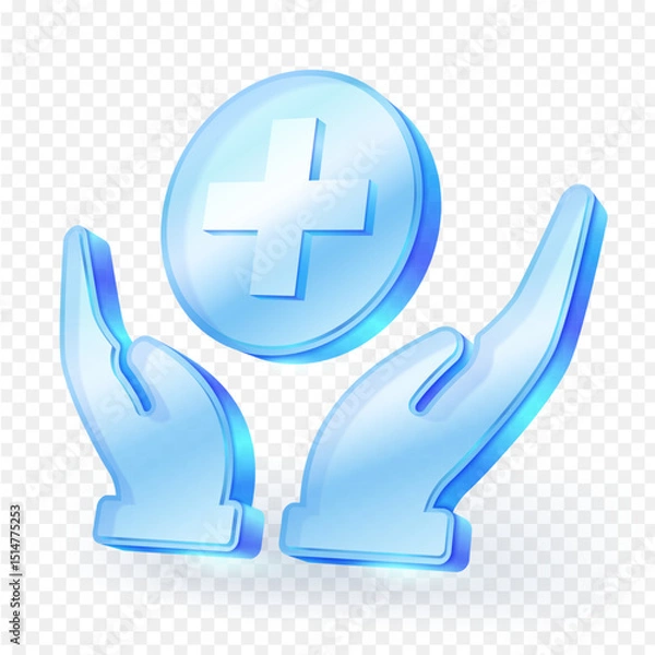 Fototapeta 3D Healthcare icon with hands holding a medical cross symbol, representing health care, protection, support, and medical assistance. isolated on transparent background. Vector illustration glass icon.